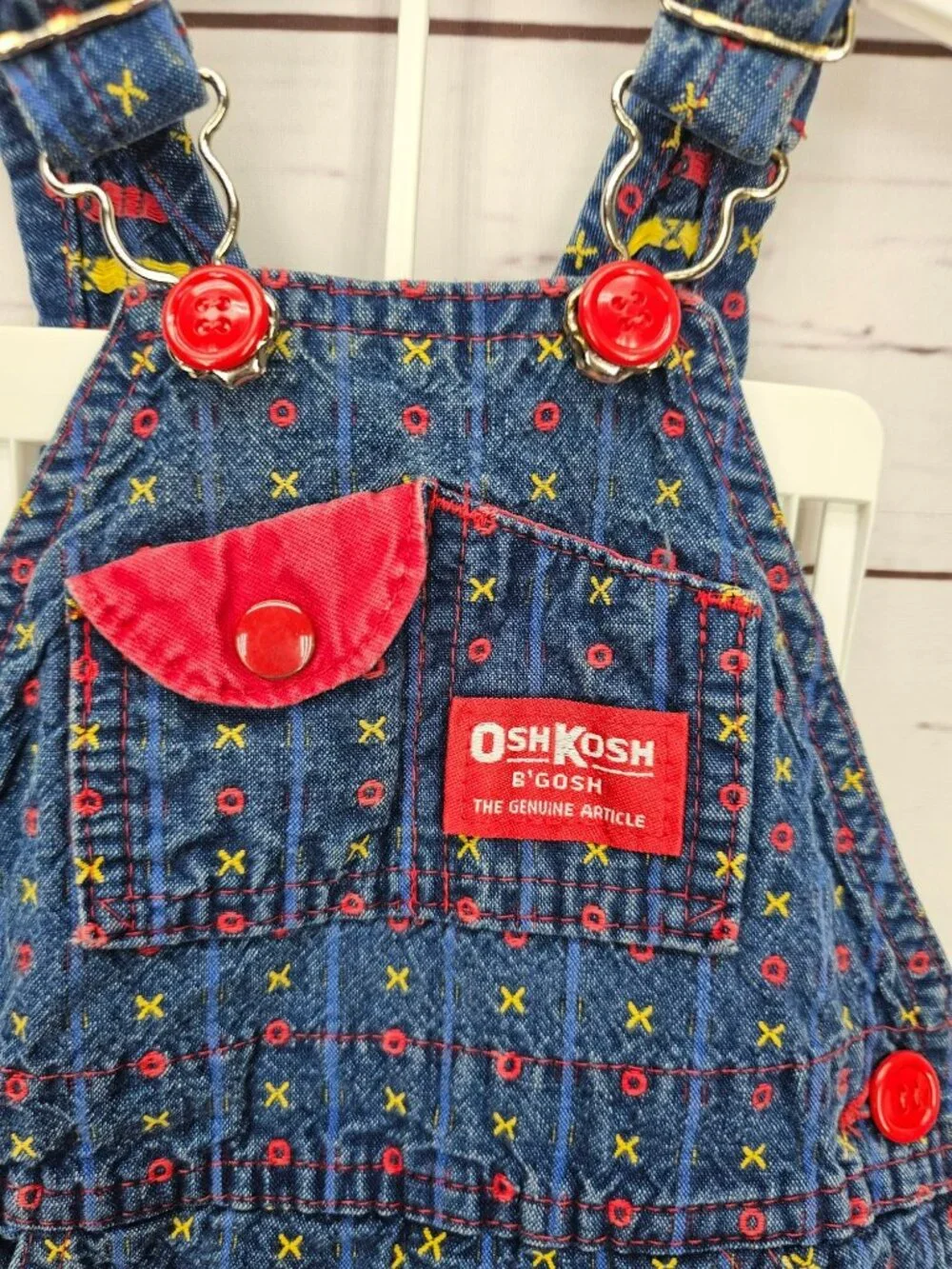 OshKosh Bgosh Infant Girls XO Tic Tack Toe Denim Overalls 6/9M Red USA Made